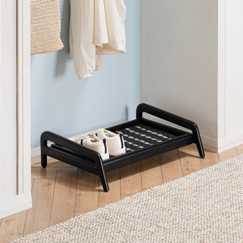 Premium Solid Wood Boot Tray Stand with Natural Coir Mat - Entryway & Mudroom Shoe Organizer, 18.5" W x 26.5" L, Black