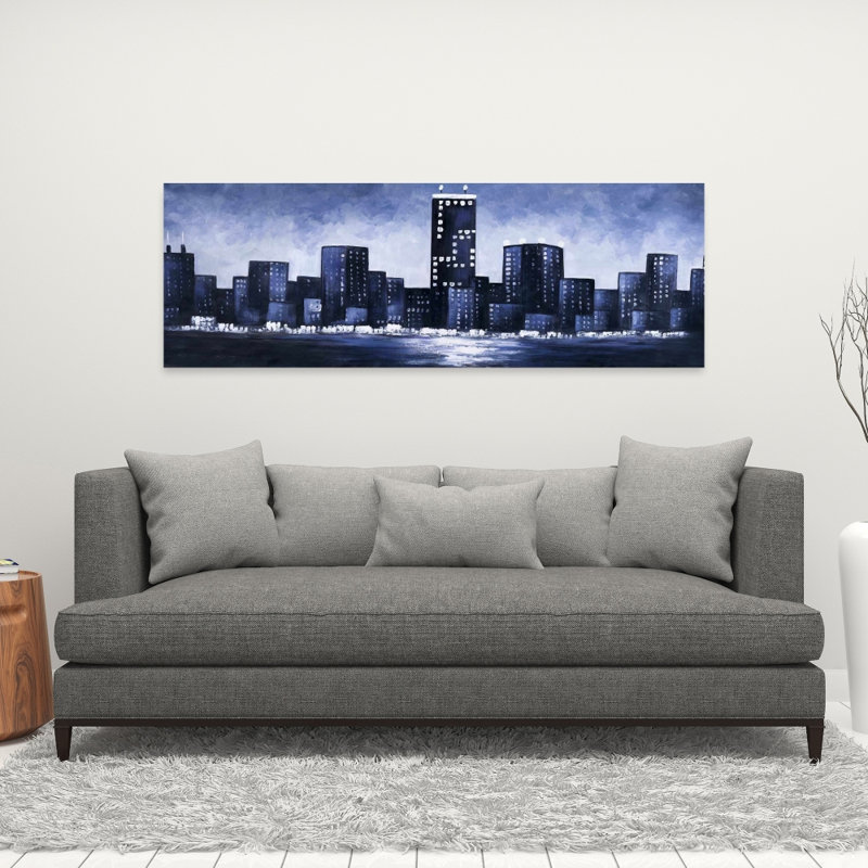 Toile industrielle bleu foncé Cityscape | Décoration de chambre à coucher, H 16 po x l 48 po