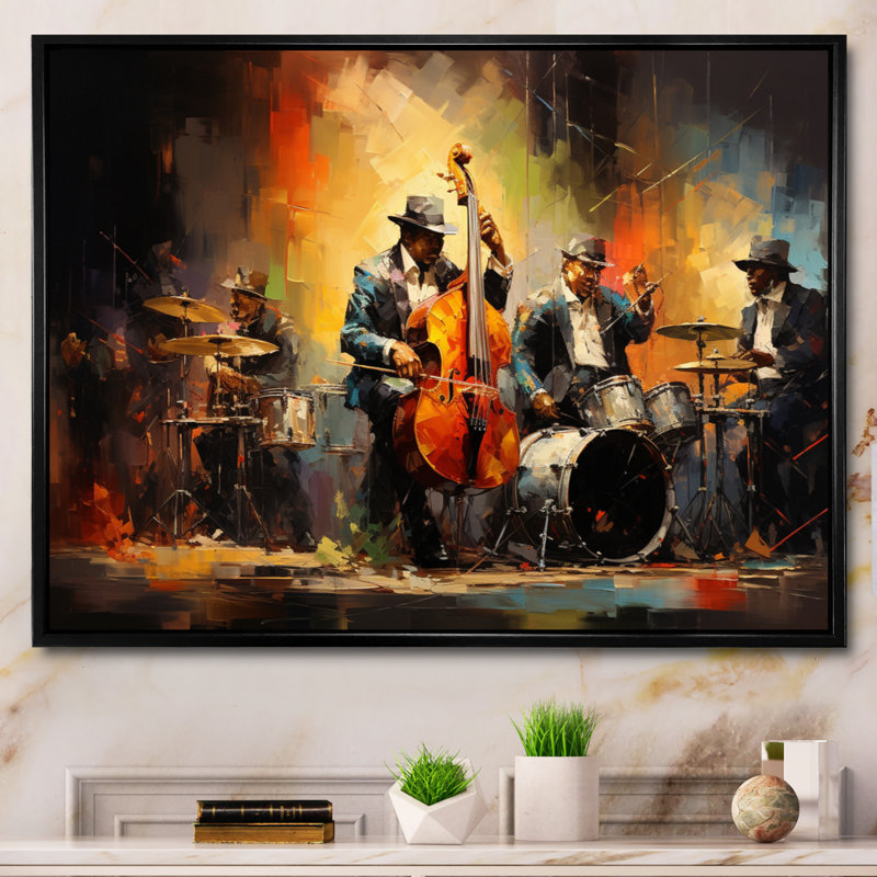 Beira jaune orange Jazz Band - art mural de danse pour le salon, H 12 po x l 20 po, Noir, Cadre photo unique