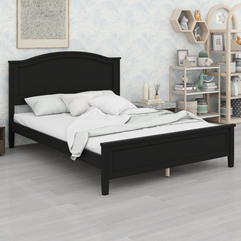Lit plateforme contemporain avec tête de lit et pieds en lattes de bois, Queen, Black