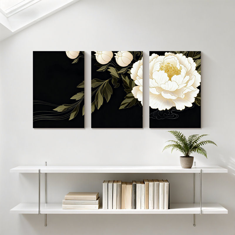 Pivoine, pivoines blanches sur fond noir, ensemble de 3 impressions sur toile, H 30 po x l 60 po