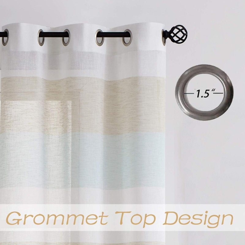 Stripe Sheer Color Block Window Curtain Panel Linen Window Treatment For Bedroom Living Room Farmhouse With Grommets 2 Panel Rustic Drapes