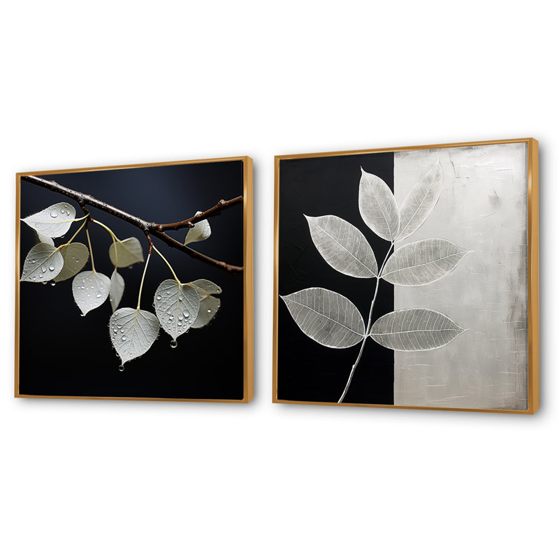 Laisser la silhouette en argent - ensemble de 2 feuilles carrées, Cadre flottant doré, H 36 po x l 73 po