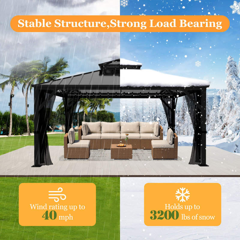 Hardtop Double-Roofed Aluminum Patio Gazebo Multiple Sizes, 113.03" H x 192" W x 144" D