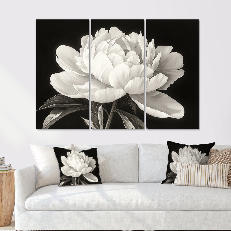 Pivoine blanche et noire élégante II - art mural pivoines - ensemble de 3, H 40 po x l 60 po, Toile tendue, Ne s’applique pas