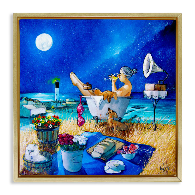 «Nighttime Bath» par Sea Brown, art mural encadré sur toile flottante par Ronald West, Cadre flottant métallique doré