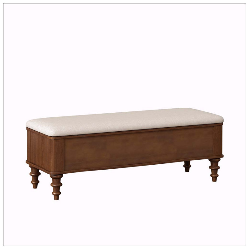 Banc de rangement avec repose-pieds en bois d'hévéa massif de 50,8 pouces avec siège en lin, Walnut
