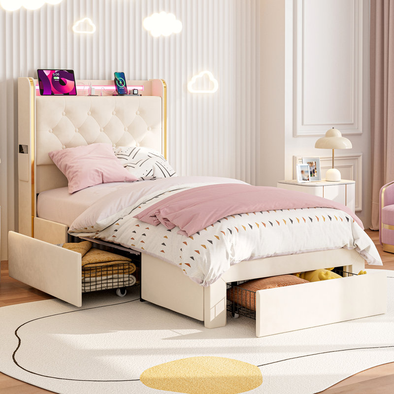 49.2" Tall Twin Xl Bed Frames With Storage Drawers, Velvet Upholstered Platform Bed With Wingback Storage Headboard, Led Lights & Charging Station, No Box Spring Needed, Noise Free, Beige
