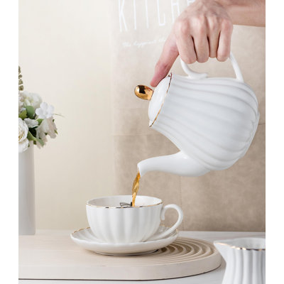 8 OZ Fine China White Coffee Cup/Teacup Set, Cups & Saucer, With Teapot-Sugar Bowl-Cream Pitcher Teaspoons And Tea Strainer For Tea/Coffee,17-Pieces- Service For 4 (White)