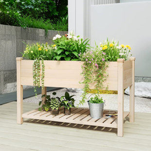 48 Inch Elevated Wood Raised Garden Bed With Storage Shelf, Reinforced Fir Planter Box For Vegetable Planting, Patio Backyard Gardening Solution With Drainage System