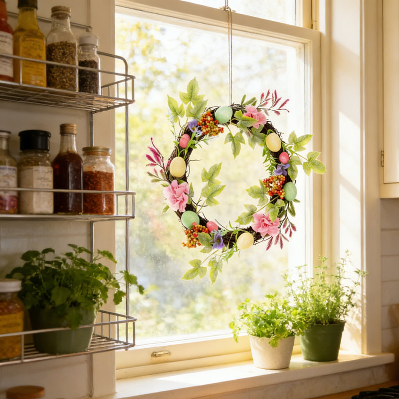 Couronne de Pâques 11,5 pouces pour le printemps - Petite couronne artificielle pour œufs de Pâques avec ruban pour armoire de cuisine, porte d'entrée, fenêtre, centre de table, décoration murale