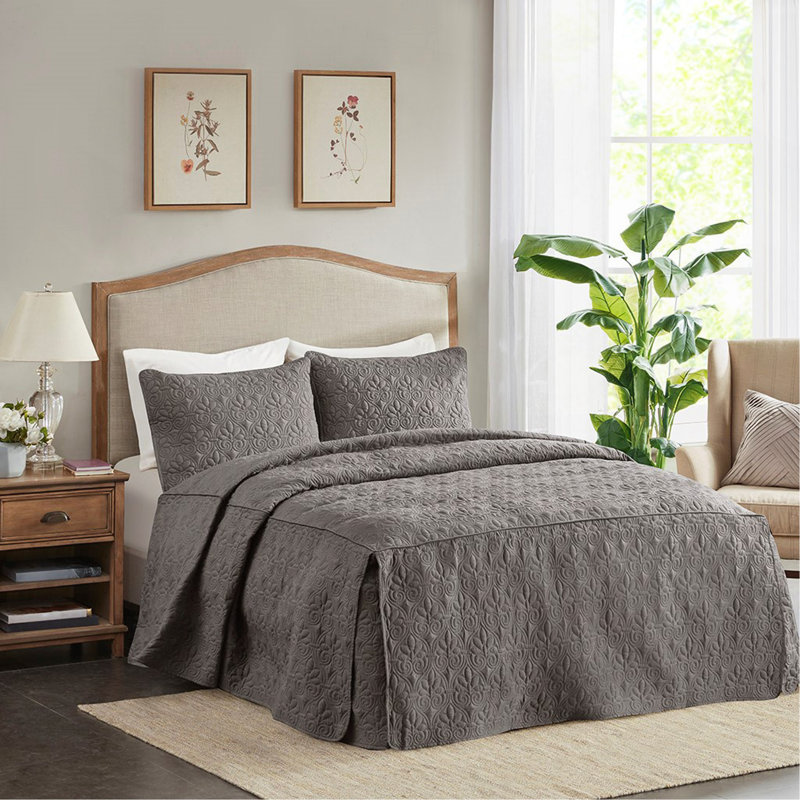 Couvre-lit plissé 3 pièces, Gris foncé, Couvre-lit pour grand lit + 2 taies décoratives