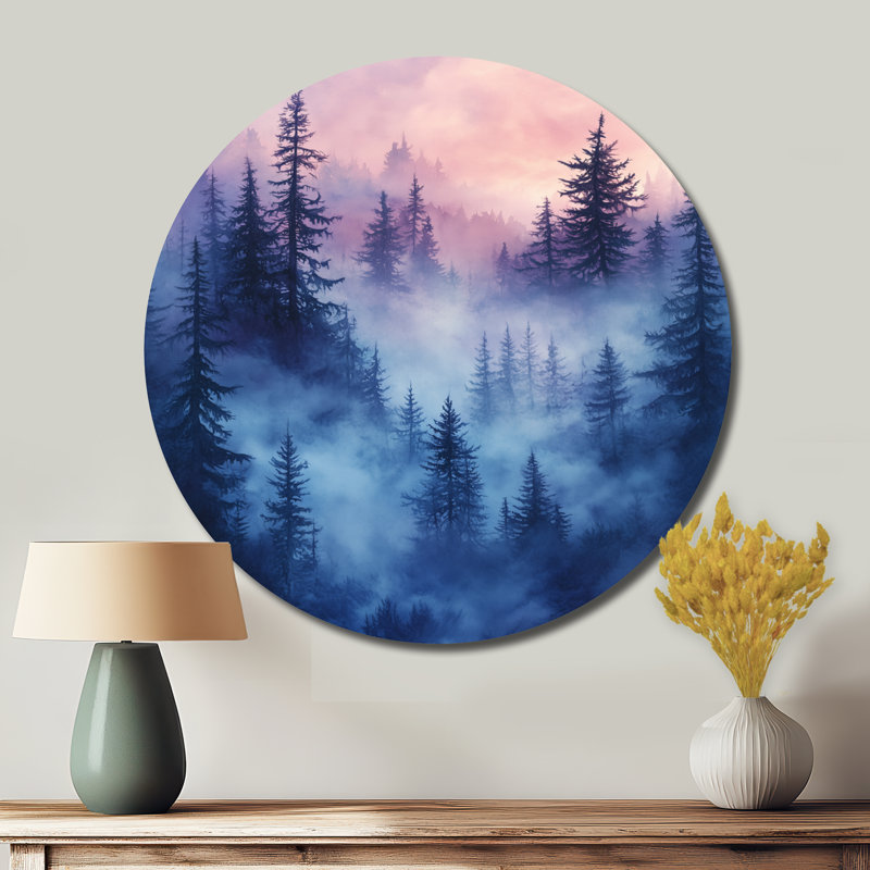 Décoration murale ronde en métal Misty Pine Forest - Paysages, L 23 po x H 23 po