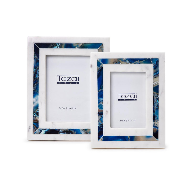 Amazonite Inlay Set Of 2 White Marble Photo Frame, Blue/White