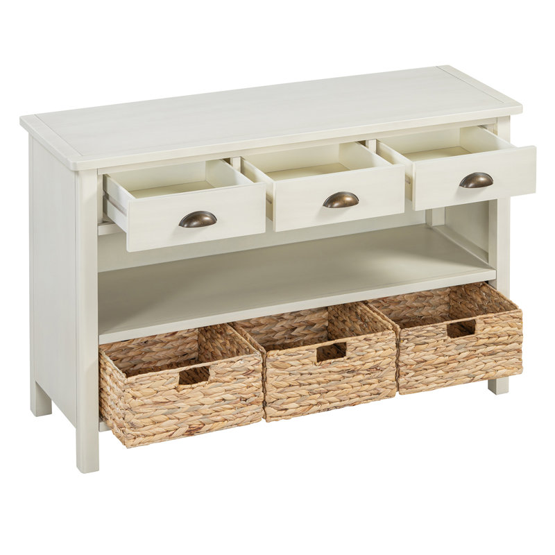 Vintage Console Table With Drawers, Water Hyacinth Woven Baskets, Multi-Color Options, Ideal For Entryway And Living Room
