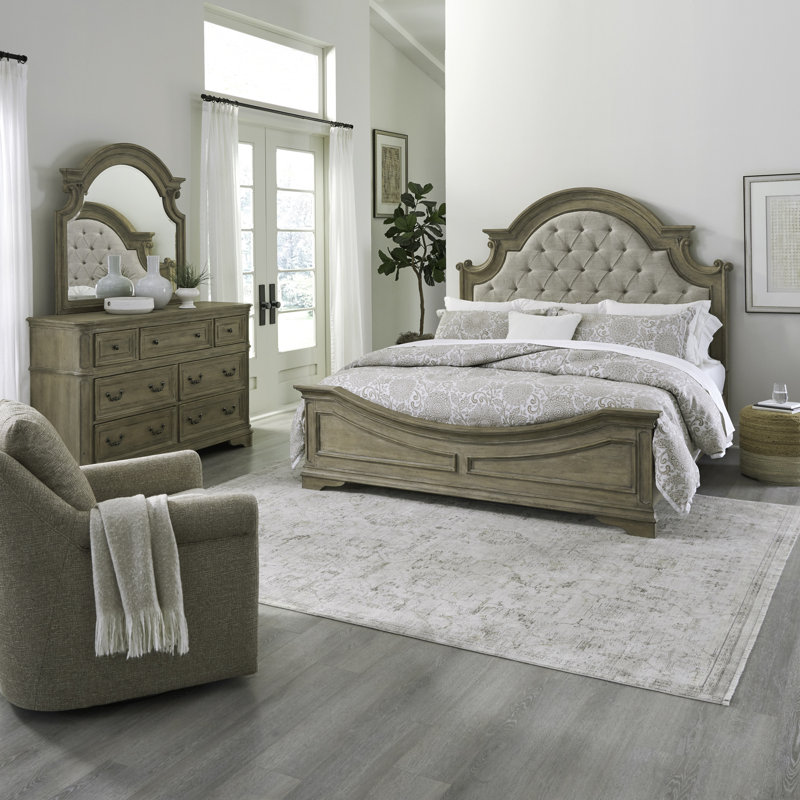 Colchester Queen Upholstered Bed, Dresser & Mirror Bedroom Set - Brown, Queen, Brown