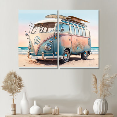 70s Surfing Van At The Beach II - Brown - décoration murale traditionnelle 2 pièces