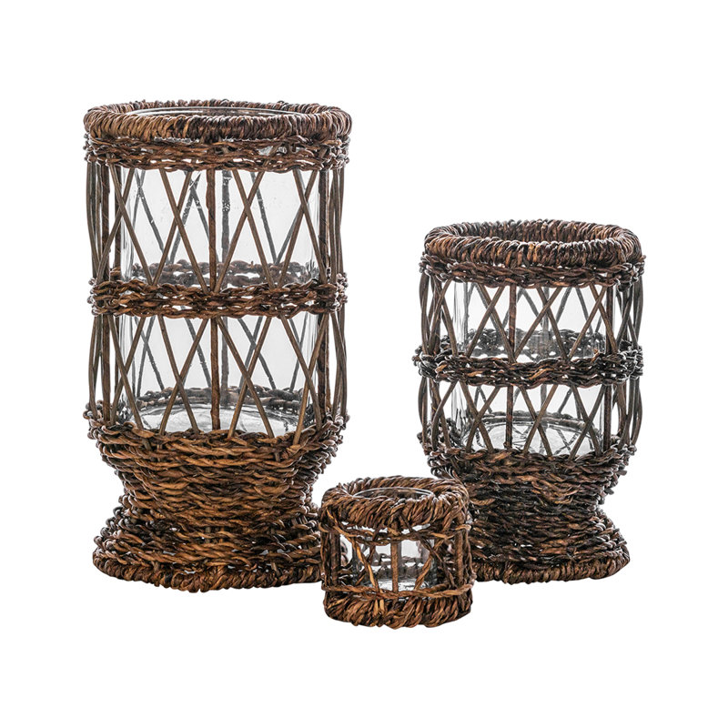 Rustic Brown Woven Willow Iron Candle Holder