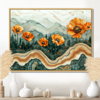 Fleurs de coquelicots sur un sommet de pierres émeraude I - coquelicots, art mural
