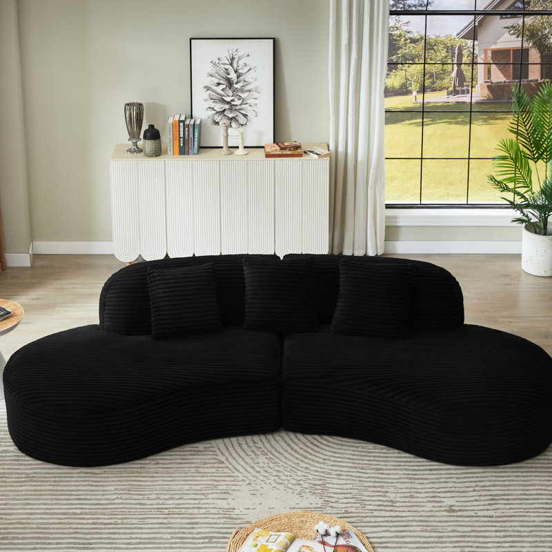 Stylish And Functional 4 - Seat Black Corduroy Compressed Upholstered Curved Sectional , Spring Filled, No Assembly, For Apartment Contemporary Scatter Cushions, Cushioned, Assembly Required