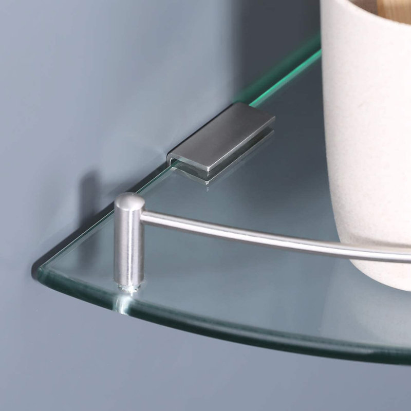 Wall Mounted Triangle Corner Glass Shelf with SUS 304 Stainless Steel Rail Towel Bar , Extra Thick Tempered Glass Floating Shelf for Bathroom Storage