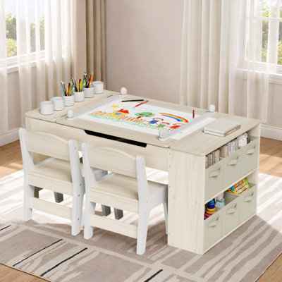 Philippe Kids Art Table And Chair Set, Kids Art Easel And Wooden Activity/Craft Table With 2 Chairs, Storage Bins, Paper Roll, Paint Cups by Lark Manor