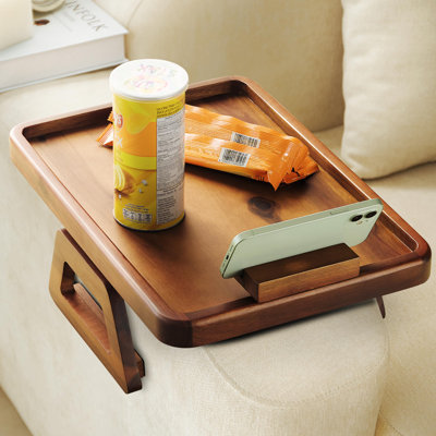 Acacia Couch Arm Table With Phone Holder - Wooden Sofa Armrest Tray - Clip-on Tray For Wide Couch - Side Table For Eating & Drink