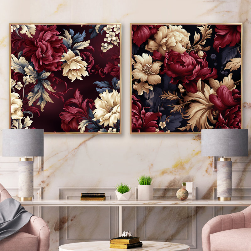 Ellesmere - Ensemble de 2 collages floraux carrés, H 16 po x l 33 po, Cadre flottant doré