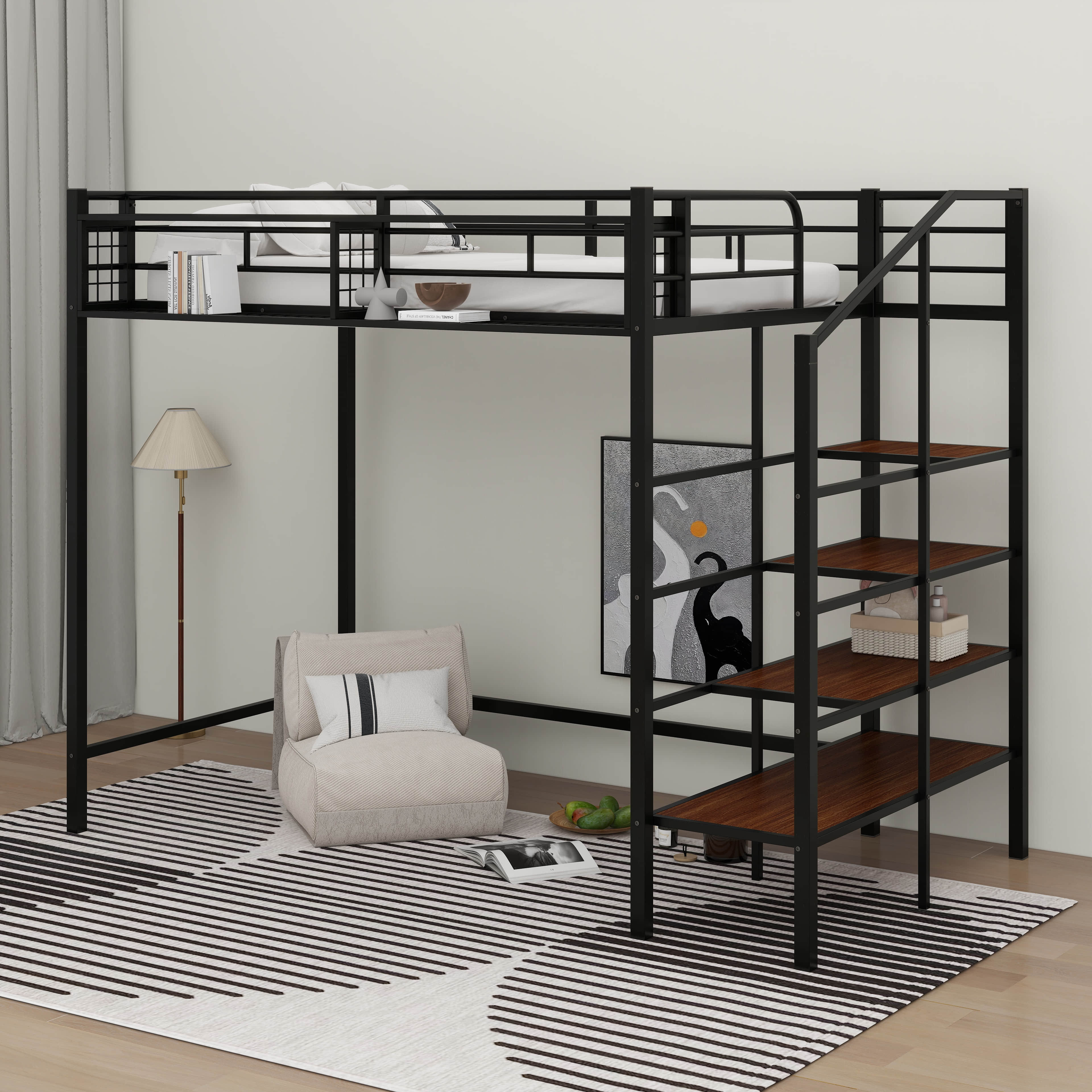 Orren Ellis Twin Size Loft Bed Frame With Stairs, Storage Shelf ...
