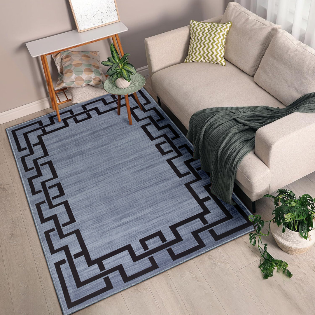 Nico Geometric Pattern Printed Area Rug - Cool Greyish Blue with Bold Black Frame