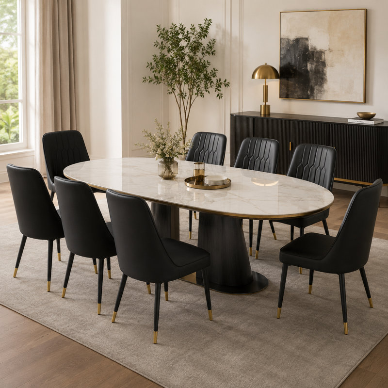 Chaises de salle à manger capitonnées et rembourrées en similicuir avec pieds en métal deux tons, Noir