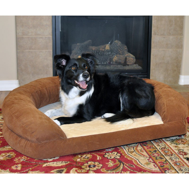 Lit orthopédique pour chien avec traversin, Grand (l 40 po x P 33 po x H 9,5 po), Velours brun