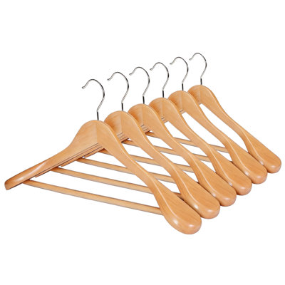 Extra Wide Shoulder Wooden Hangers, Premium Large Wood Suit Hangers With Non Slip Pant Holder, Wide Shoulder Hangers For Suits, Coats, Jackets, Heavy Wide Clothes Hanger,  6 Pack, (Natural)
