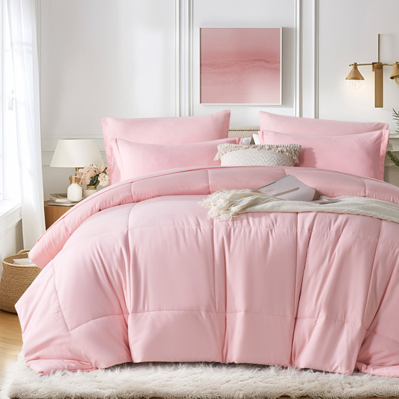 Ensemble d'édredon de couleur unie rose clair avec draps, ensemble de literie 7 pièces dans un sac classique en microfibre douce pour toutes les saisons