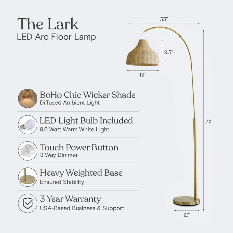 Lark 75 in. Weighted Base LED Arched Standing Floor Lamp with Boho Rattan Shade, Brass