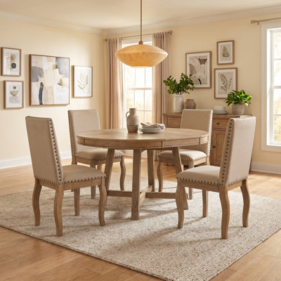 5-Piece Farmhouse Extendable Round Dining Table Set with 4 Upholstered Chairs, Curved Solid Wood Legs & Nailhead Trim – Extendable Dining Set for Dini