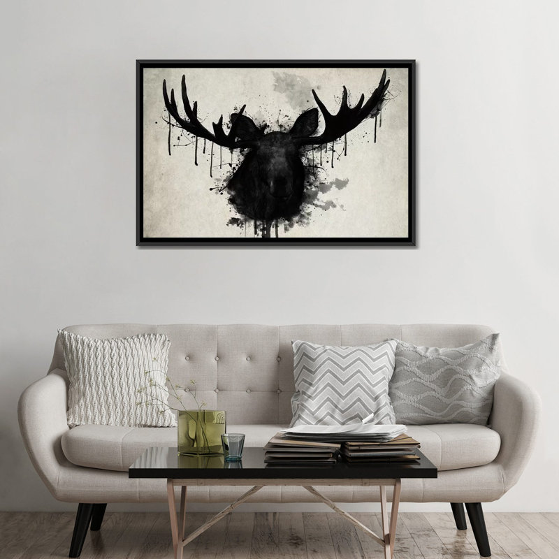 «Moose», reproduction d'impression sur toile, H 18 po x l 26 po x P 1,5 po, Toile avec cadre noir, Pas de tapis