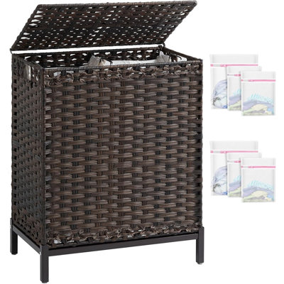 Laundry Hamper with Lid, 29.6 Gal 2-Bag Clothes Sorter, Brown 112L 2-Section PE Rattan Hamper with Lid, 2 Removable Liners,Steel Frame