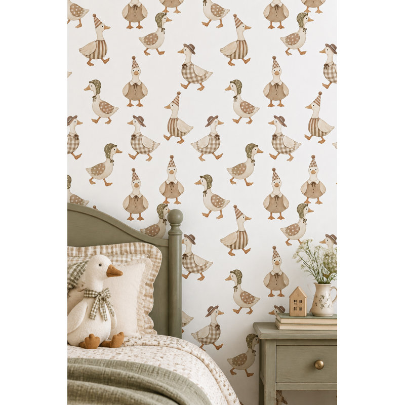 Papier peint Canards habillés, motif aquarelle neutre, Peler et coller