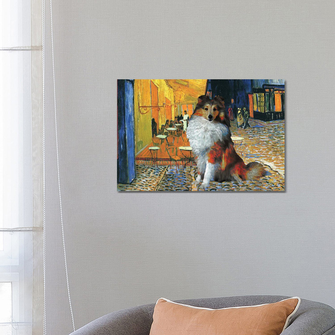 Shetland Sheepdog Sheltie Café Terrace at Night - Wrapped Canvas Art Prints