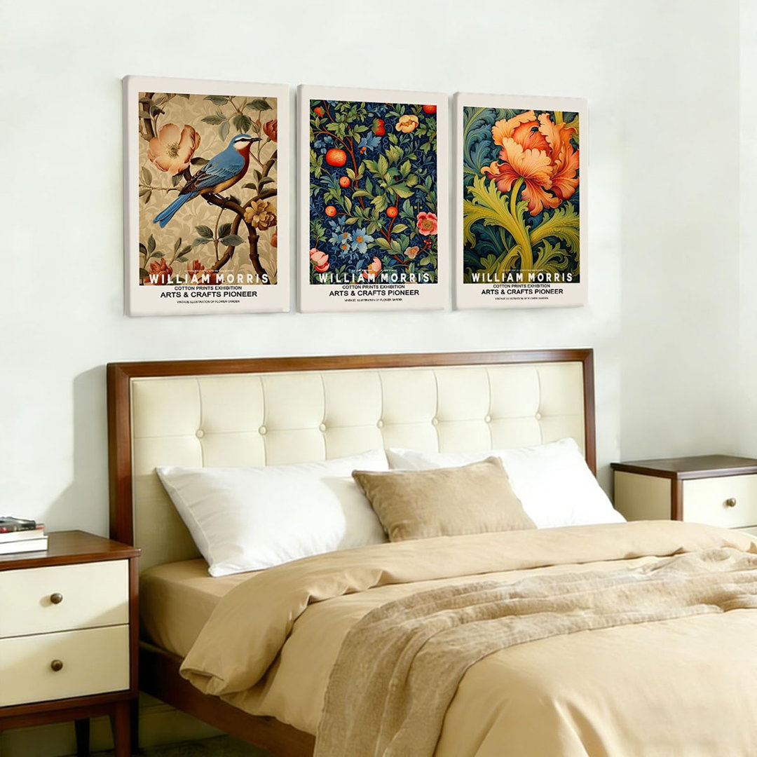 3Pcs Vintage Floral and Bird Canvas Wall Art William Morris Style Botanical Aesthetics Picture Prints 12x16 Inch Flowers and Plants Painting Wall Deco