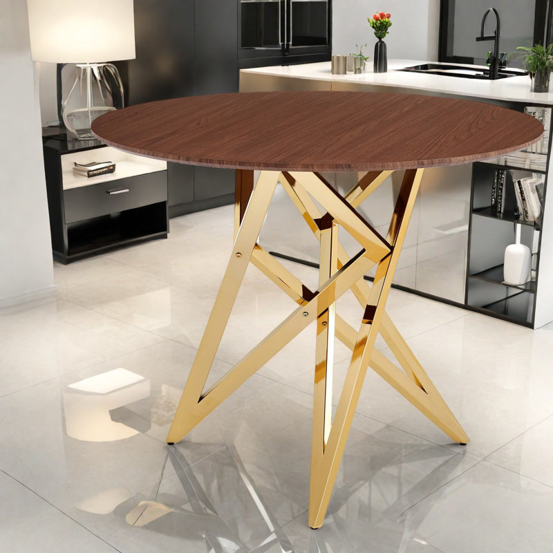 Table de salle à manger moderne en noyer, plateau rond en MDF, pieds en métal doré, peu encombrant