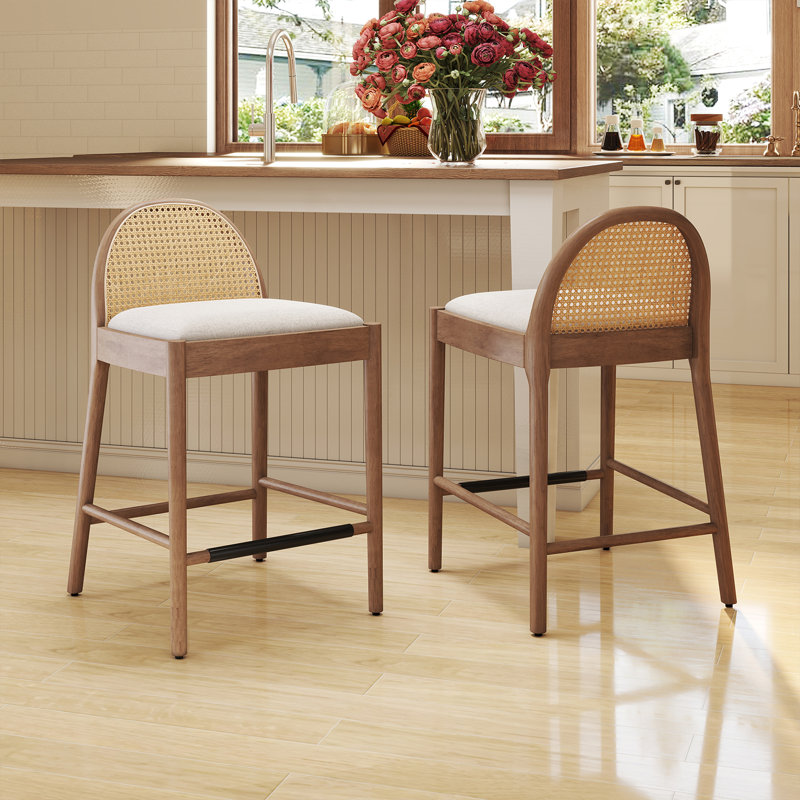 Emington Modern Stools with Rattan Backrests and Wood Frame, Counter Stool (26” Seat Height), Beige/Nature