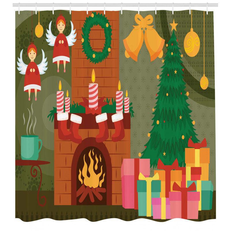 Fireplace Shower Curtain Set + Hooks, 70" H x 69" W
