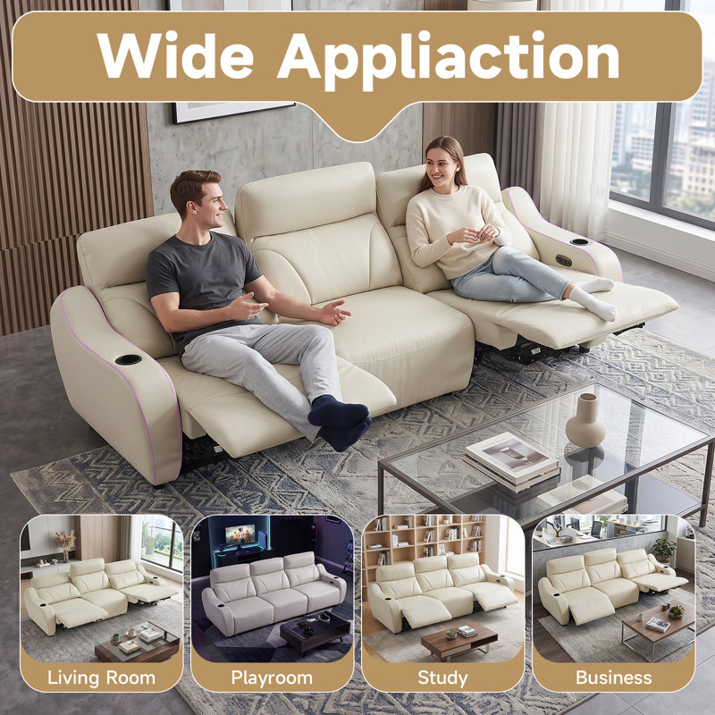 Canapé d'angle inclinable électrique en cuir véritable de 268 cm (105,51 po), position zéro gravité, ports de chargement USB et éclairage d'ambiance dans les accoudoirs, beige