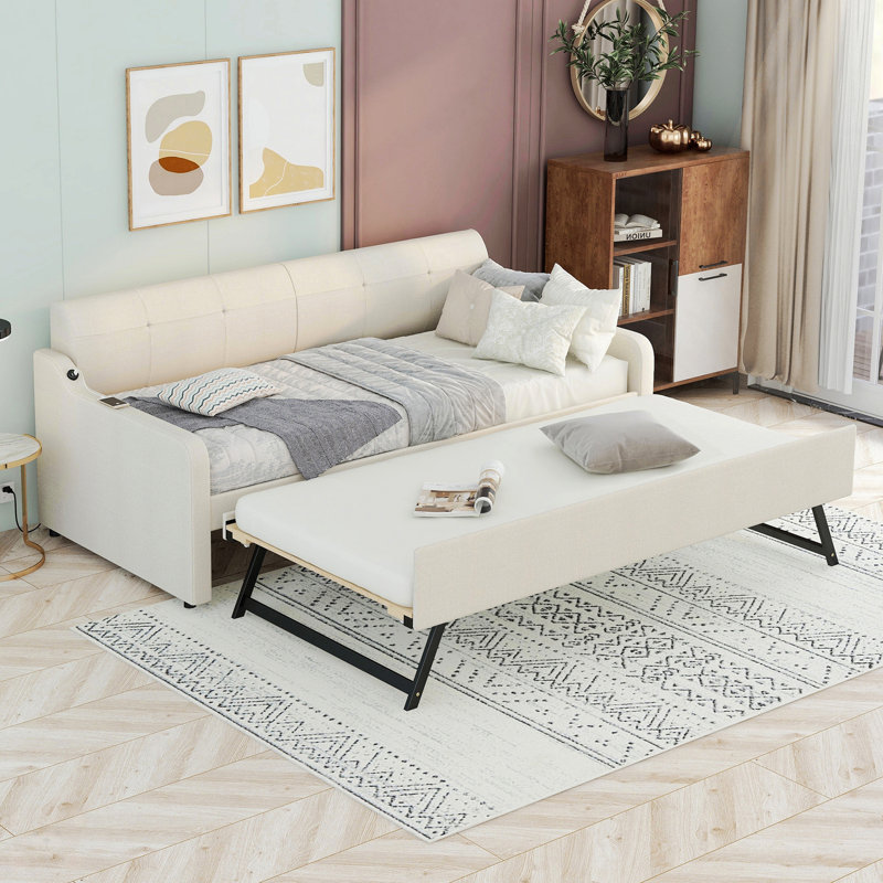 Twin Size Upholstery Daybed With Trundle And USB Charging Design, Beige