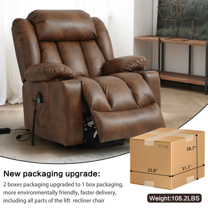 Sandrew Power Lift Recliner Chair with Vibrating Massage and Heating, 2 Side Pockets, and Cup Holders, USB Ports, Right Side Button, Faux Leather
