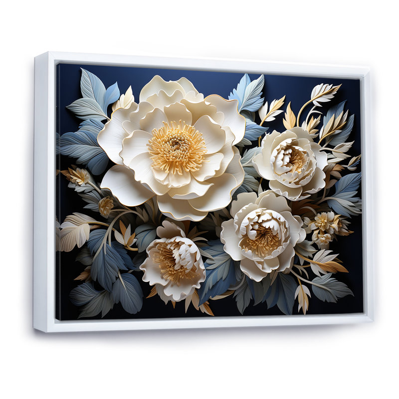 Pivoines dévoilées, H 16 po x l 32 po x P 1 po, Cadre flottant blanc