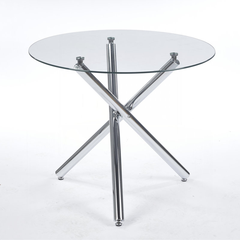 Table de salle à manger ronde moderne avec pieds en métal robustes et verre transparent, idéale pour le salon