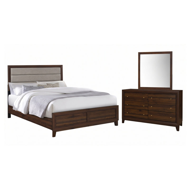 Ensemble de chambre à coucher Ashworth en noyer, 3 pièces, comprenant un lit à panneaux, une commode à 6 tiroirs et un miroir.